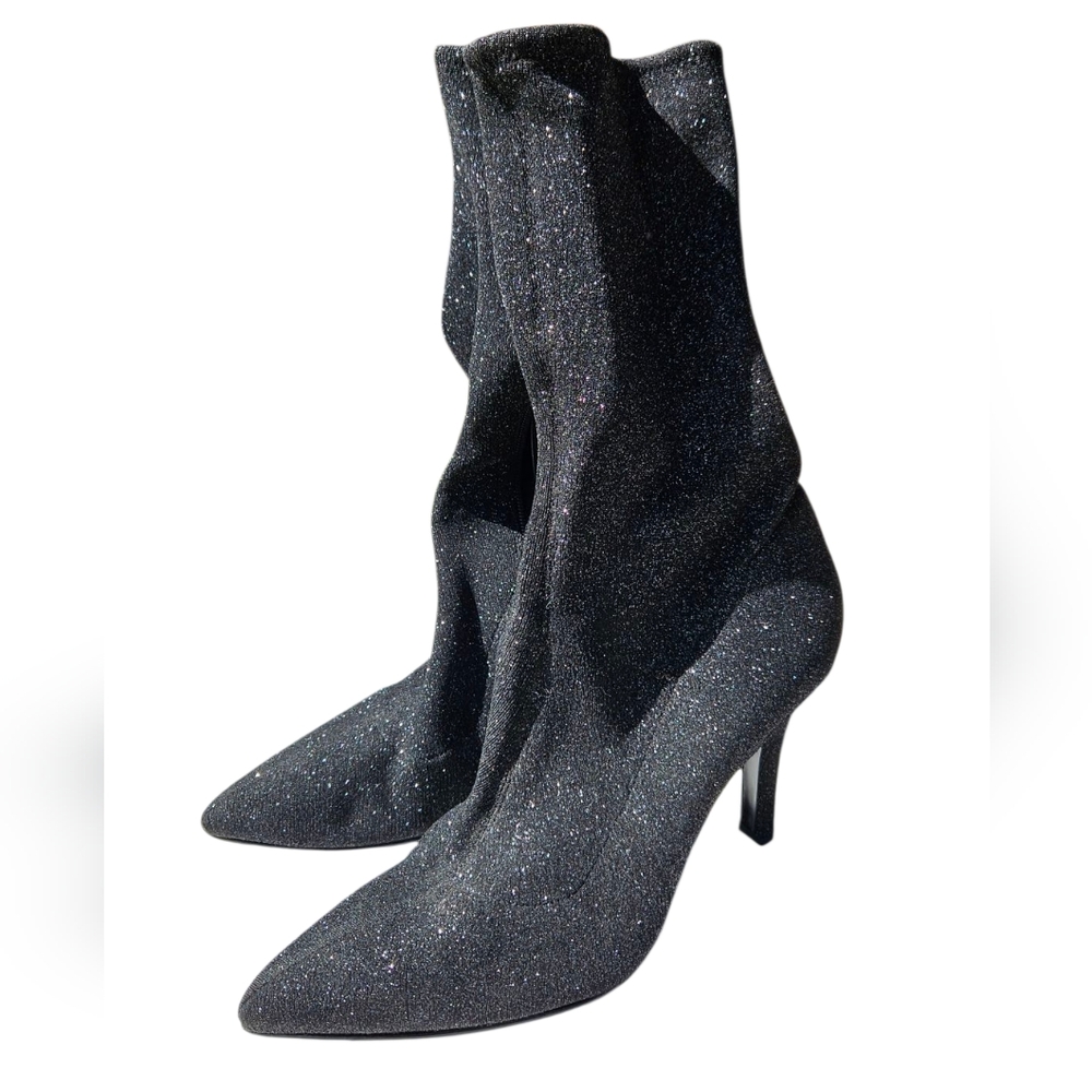 Marc Fisher Sparkle Metallic Black Stretch Sock Boot